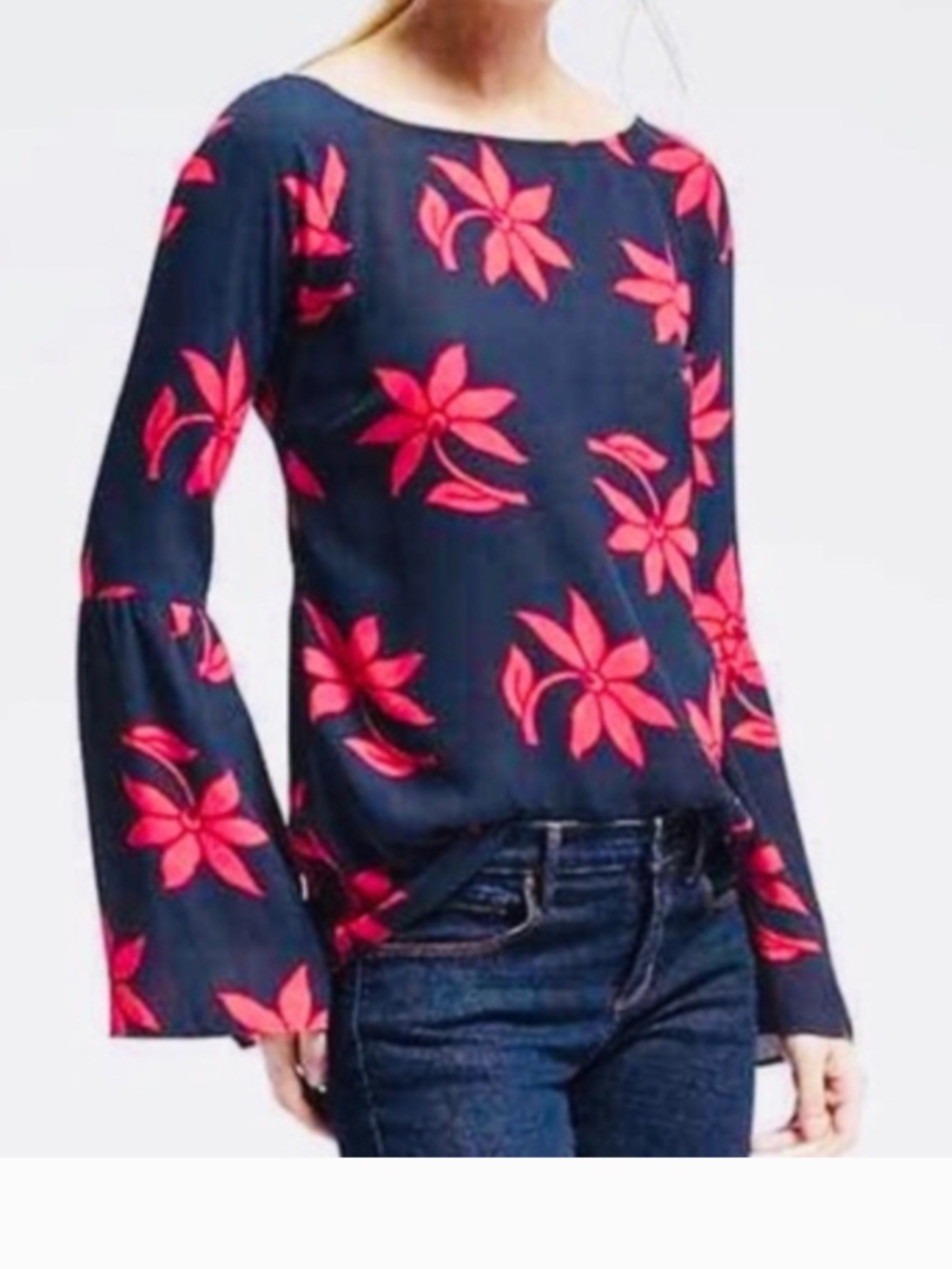 Banana Republic Navy Blue Red Floral Bell Sleeve Blouse Top Size Medium